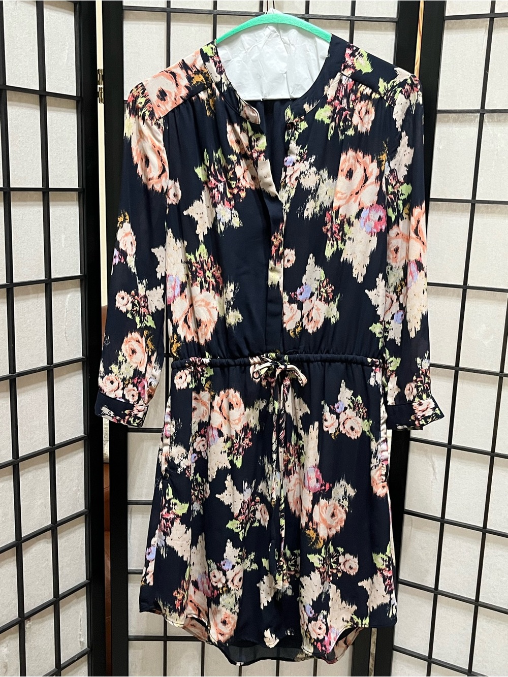 DANIEL RAINN ABSTRACT Floral Navy Drawstring Waist Long-Sleeve MINI Dress SZ XS